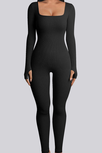 Square Neck Long Sleeve Active Jumpsuit