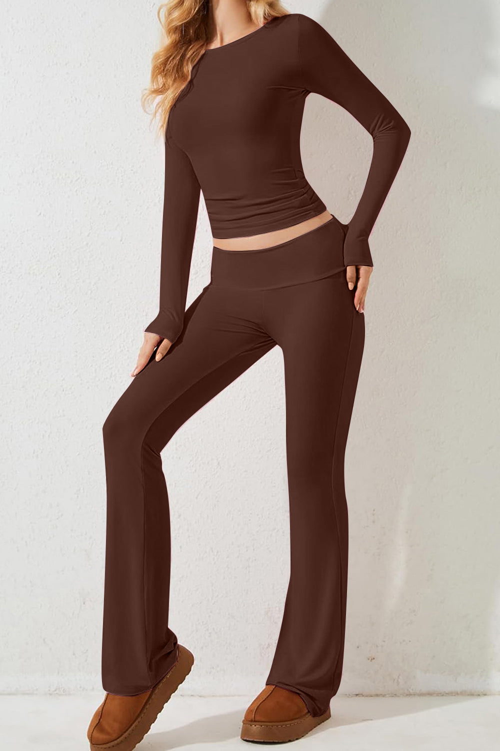 Round Neck Long Sleeve Top and Pants Set